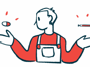 A person wearing overalls debates medicine choices, with a capsule seen hovering over one hand and a syringe over the other.