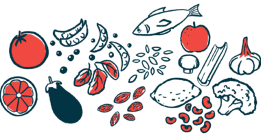 An illustration shows a range of foods, including fish, fruits, and vegetables.