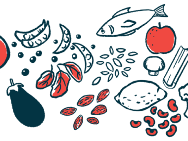 An illustration shows a range of foods, including fish, fruits, and vegetables.