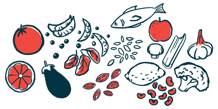 An illustration shows a range of foods, including fish, fruits, and vegetables.