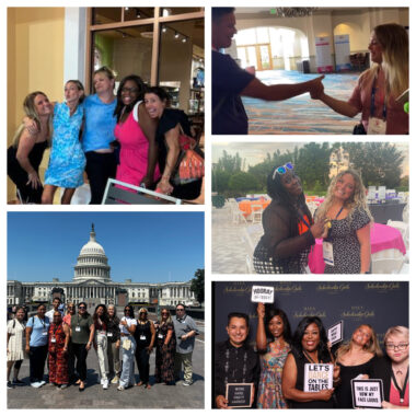 Five photos are arranged as a collage. Clockwise from top left, we see five women in a line, joined by arms reaching behind backs; a man and a woman linking hands in the middle of the shot; two women outdoors in what appears to be a lot with sand or dirt, with tables behind them with brightly colored tablecloths; five people in a row, holding signs for the camera; and a large group in front of the U.S. Capitol.