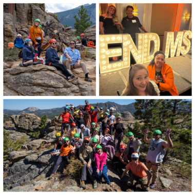 Three photos in a collage. At left and below, we see a group of rock climbers outdoors. At right, we see two women in front of a lighted "END MS" sign, with two people behind it.