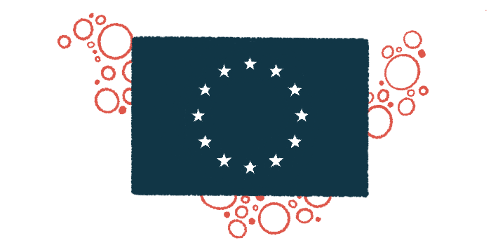 The flag of the European Union is shown against a backdrop of bubbles.