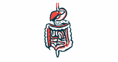 An illustration provides a close-up view of the human digestive system, and particularly the intestines.