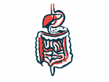 An illustration provides a close-up view of the human digestive system, and particularly the intestines.