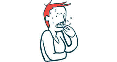 Illustration of a person experiencing anxiety, shown sweating and nervously clutching their chest with a distressed expression.
