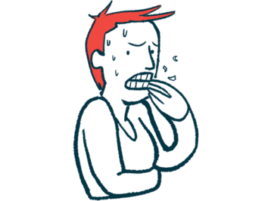 Illustration of a person experiencing anxiety, shown sweating and nervously clutching their chest with a distressed expression.