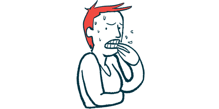Illustration of a person experiencing anxiety, shown sweating and nervously clutching their chest with a distressed expression.