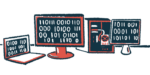 A PC case is surrounded by three screens displaying zeros and ones.
