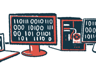 A PC case is surrounded by three screens displaying zeros and ones.