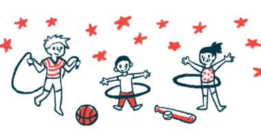 Three children are shown skipping rope and hula hooping.