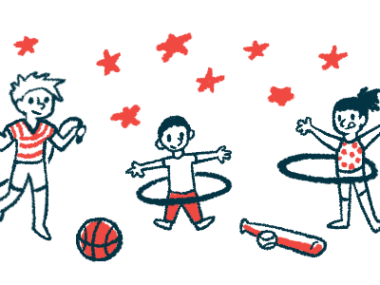 Three children are shown skipping rope and hula hooping.