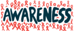 The word awareness, written in bold, black letters, is seen against a backdrop of red awareness ribbons.
