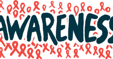 The word awareness, written in bold, black letters, is seen against a backdrop of red awareness ribbons.
