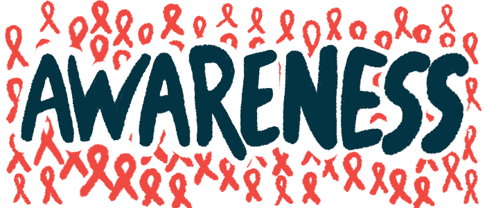 The word awareness, written in bold, black letters, is seen against a backdrop of red awareness ribbons.