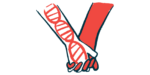 Two hands holding, one with a DNA strand shown on the forearm.