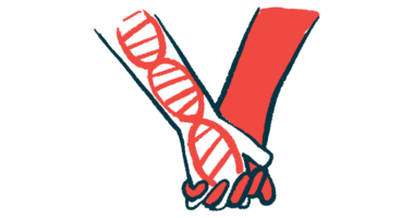 Two hands holding, one with a DNA strand shown on the forearm.
