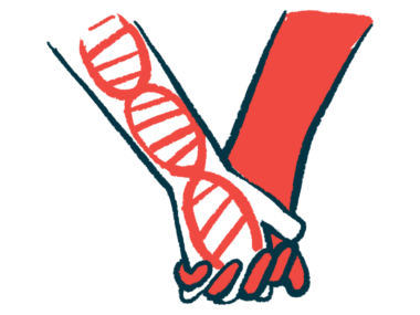 Two hands holding, one with a DNA strand shown on the forearm.