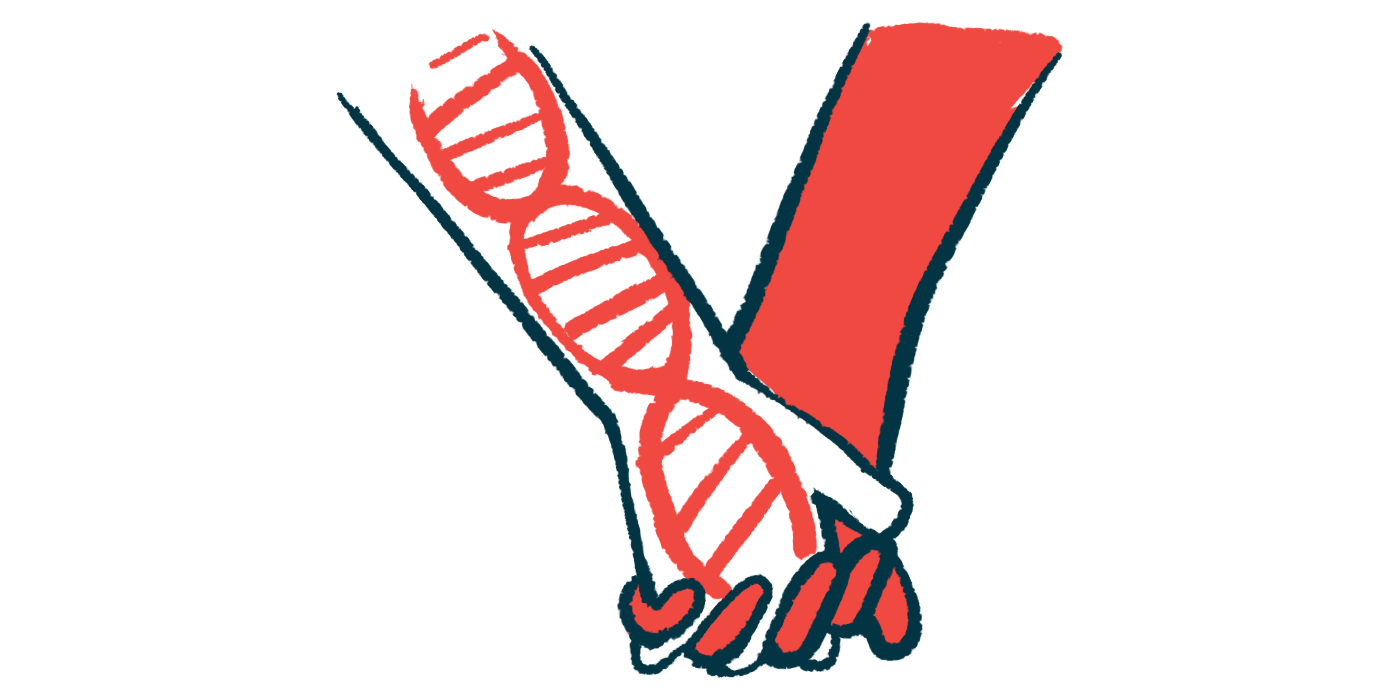 Two hands holding, one with a DNA strand shown on the forearm.