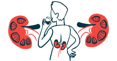 A person is shown from behind as they drink from a glass, with their kidneys highlighted in their lower back and oversized illustrations of kidneys flanking them.