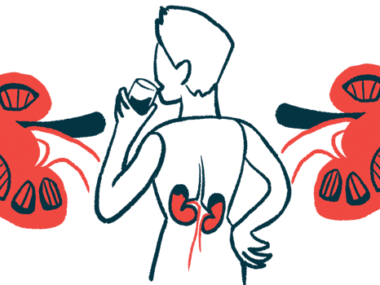 A person is shown from behind as they drink from a glass, with their kidneys highlighted in their lower back and oversized illustrations of kidneys flanking them.