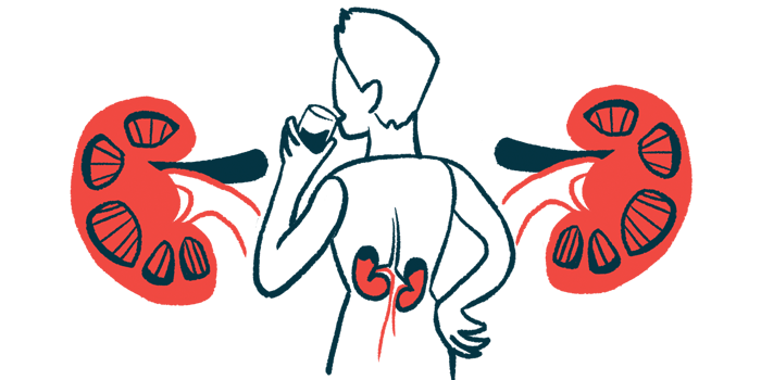 A person is shown from behind as they drink from a glass, with their kidneys highlighted in their lower back and oversized illustrations of kidneys flanking them.