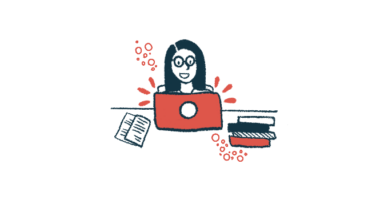 Illustration of a person working on a laptop beside papers and stacked books.