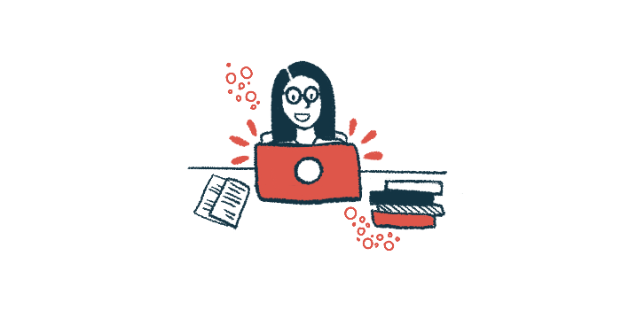 Illustration of a person working on a laptop beside papers and stacked books.